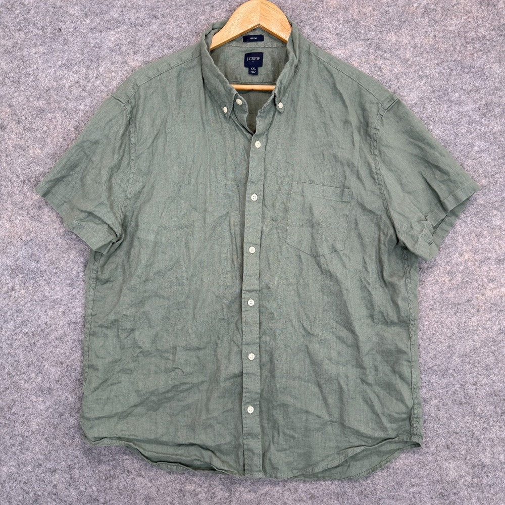 Banana Republic Linen Button Down Shirt Mens 2XL Slim Fit Pocket Dark Green